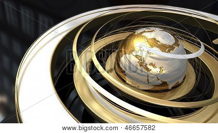 Imagen abstracta de un globo del mundo con órbita espiral en textura de oro