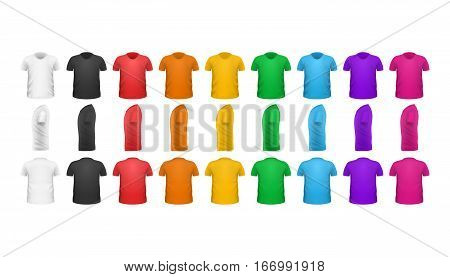 Color T-shirts front view vector set isolated. Colorful t-shirts collection. Realistic t-shirt in flat style design. Casual men wear. Cotton t-shirt unisex man woman polo outfit. Fashionable apparel.