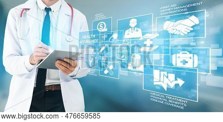 Health Insurance Concept - Doctor In Hospital With Health Insurance Related Icon Graphic Interface S