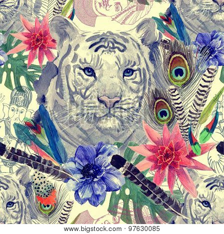 Vintage indian style tiger head pattern with feathers, flowers and leaves. Watercolor hand drawn ill