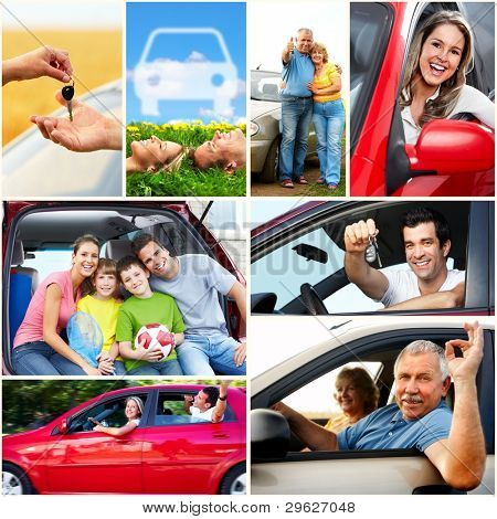 Smiling happy family and a family car. Collage.