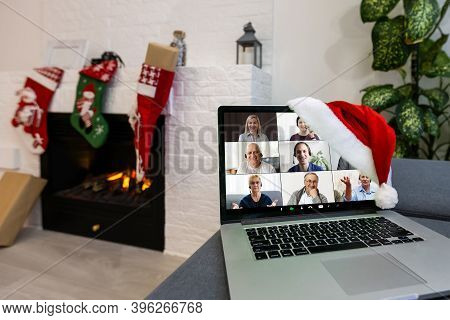 Christmas Day Virtual Meeting Team Teleworking. Family Video Call Remote Conference. Laptop Webcam S