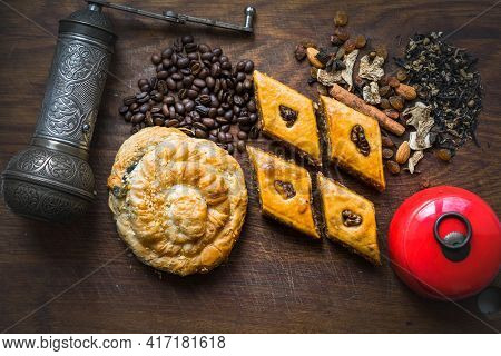 Delicious Traditional Turkish Food Baklava With Honey And Nuts. Oriental Sweets With Pistachio. Turk