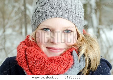 Young Blond Woman With Beanie And Scarf Winter Wood Portrait