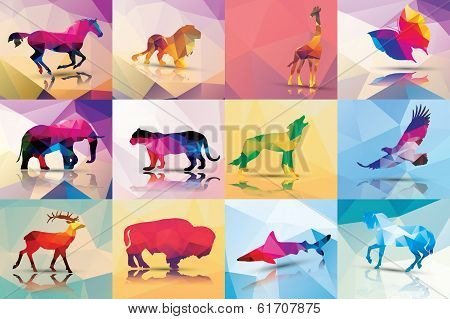 Collection of geometric polygon animals, patter design, vector illustration