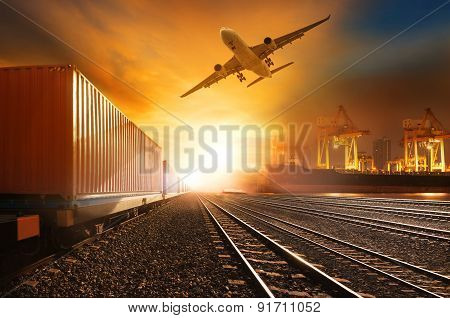 Industry Container Trainst Running On Railways Track And Commercial Ship In Port ,plane Air Cargo Fl