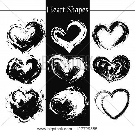 Set of nine artistic hearts. Heart Shapes. Heart Retro Shape.Heart Label Shape.Grunge Heart Shape.Heart Ribbon Shape.Heart Vintage Shape.Heart Icon Shape.Heart Banner Shape.