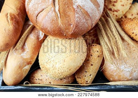 Fresh Bread On Table. Homemade Bread. Kitchen Or Bakery Poster Design. Bread Background