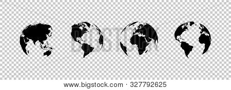 Earth Globe Collection. Set Of Black Earth Globes, Isolated On Transparent Background. Four World Ma