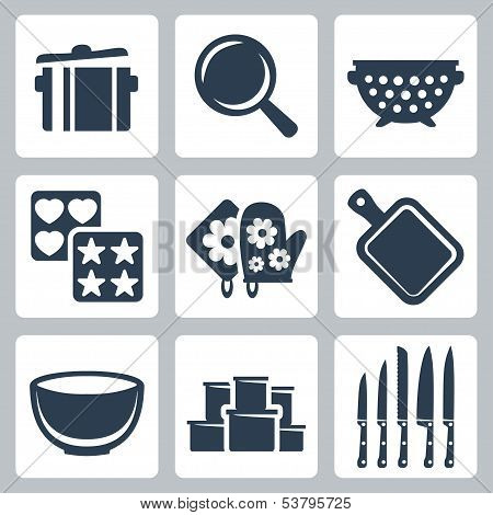 Vector Isolated Kitchenware Icons Set: Pot, Frying Pan, Colander, Baking Mould, Potholder, Cutting B