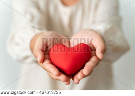 Woman Holding Red Heart, Love, Health Insurance, Donation, Happy Charity Volunteer, World Mental Hea