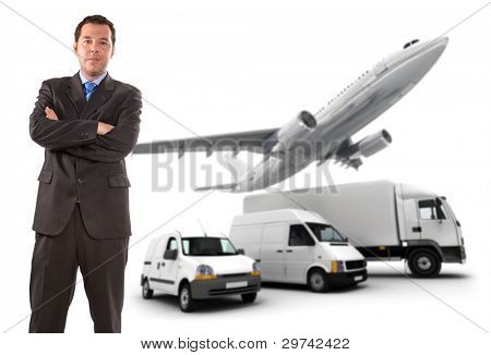 Businessman Standing Against A Transportation Fleet