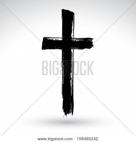 Hand Drawn Black Grunge Cross Icon, Simple Christian Cross Sign, Hand-painted Cross Symbol