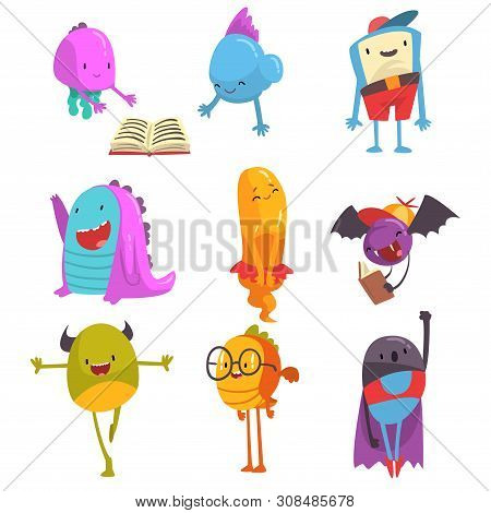 Cute Friendly Freaky Monsters Set, Funny Colorful Aliens Cartoon Characters Vector Illustration