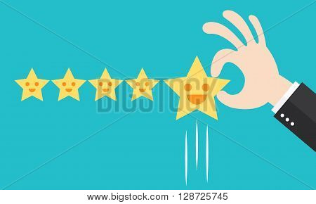 Customer review give a five star. Positive feedback concept. Vector illustration. Minimal and flat design