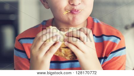 Boy Child Kid Bread Sandwich Starving Eating Concept