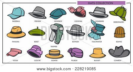 Woman And Man Hats Models Collection Of Retro And Modern Fashion Type. Vector Female And Male Headwa