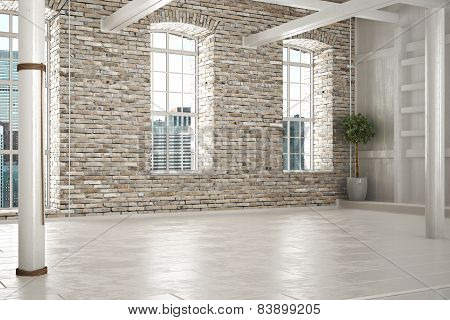 Empty room of business,or residence with brick interior and a city background. Photo realistic 3d sc