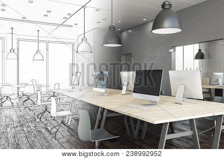 Modern Coworking Office Interior Sketch. Engineering And Design Concept. 3d Rendering