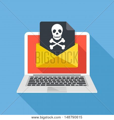 Laptop and envelope with black document and skull icon. Virus, malware, email fraud, e-mail spam, phishing scam, hacker attack concept. Trendy flat design graphic with long shadow. Vector illustration