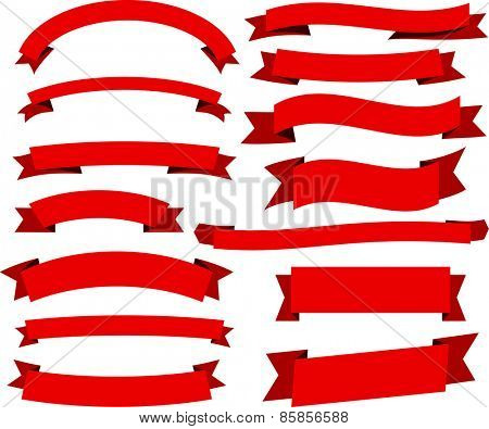 Set of red banners and ribbons. Vector illustration. 