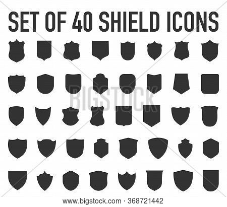 Police Badge Shape. 40 Icons Vector Military Shield Silhouettes. Security Patches Isolated On White 