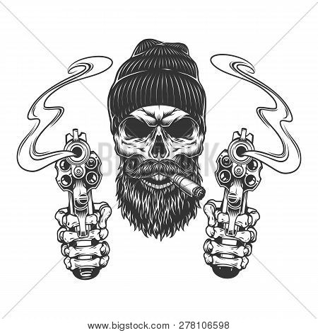 Bearded And Mustached Gangster Skull In Beanie Hat Smoking Cigar And Skeleton Hands Holding Pistols 