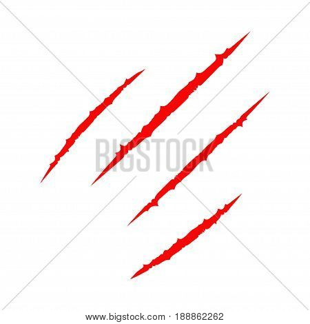 Red bloody four claws animal scratch scrape track. Cat tiger scratches paw. Four nails trace. Funny design element. Flat design. White background. Isolated. Vector illustration