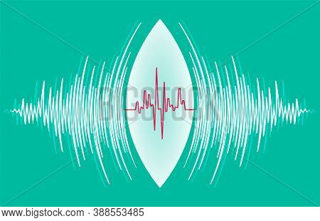 Abstract Technology Background With White Sound Waves Oscillating Around Heart Pulse. Vector Radial 