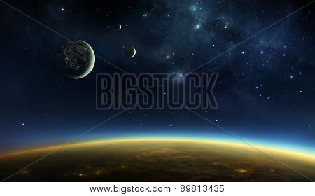 Illustration of an alien planet viewed from orbit in space above the twilight zone with lights of cities visible under the cloud layer and on one of the three moons.