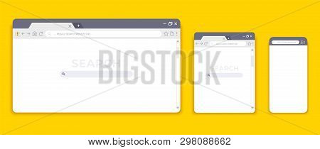 Browser Mockups. Website Interface For Different Devices, Empty Laptop Tablet And Mobile Internet Pa