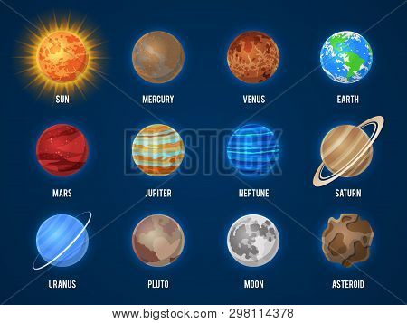 Solar System Cartoon Planets. Cosmos Planet Galaxy Space Orbit Sun Moon Jupiter Mars Venus Earth Nep