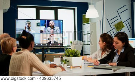 Emplyees Workers Having Webcam Group Conference With Coworkers Speaking On Video Chat Call With Dive