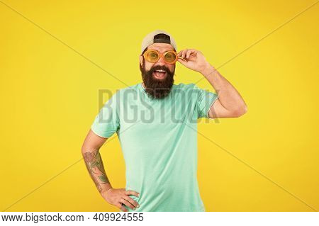 My Beach Party. Man In Funny Glasses On Yellow Background. Just Have Fun. Party Accessory. Happy Man