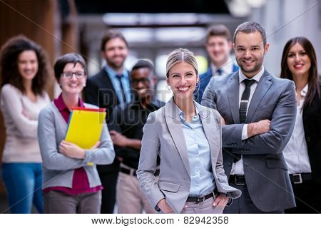 young multi ethnic business people group walking standing and top view