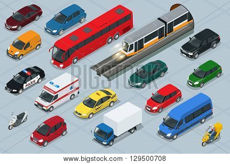 Car icons. Flat 3d isometric high quality city transport car icon set. Car, van, cargo truck,  off-road, bus, scooter, motorbike, riders. Transport set. Set of urban public and freight transport