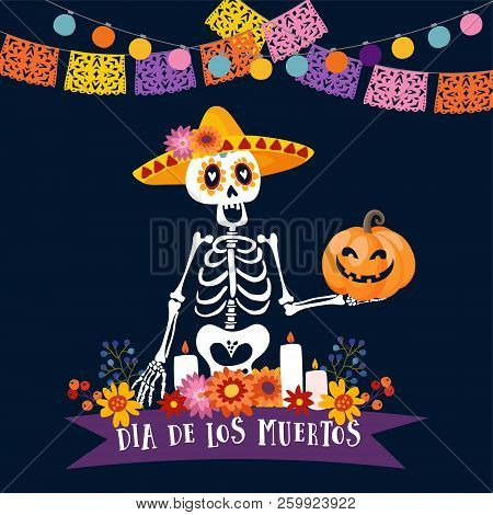 Halloween, Dia De Los Muertos Greeting Card. Mexican Day Of The Dead Invitation. Skeleton With Sombr