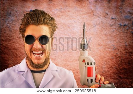 Freaky Mad Doctor In White Coat And Dark Sunglasses With Drill In Hand On Creepy Red Background. Hal