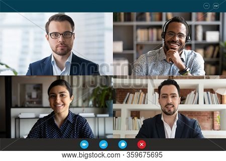 Multiracial Participants Of Videoconference Online Meeting Computer Webcam Screen View