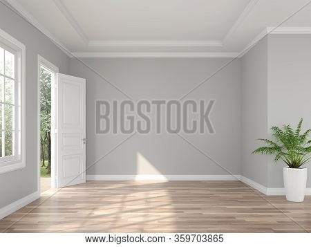 Classical Style Empty Entrance Hall 3d Render,the Rooms Have Wooden Floors And Gray Walls ,decorate 