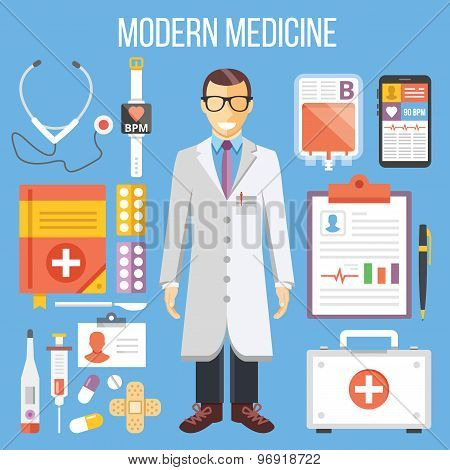 Modern medicine, doctor and medical equipment flat illustration, flat icons set