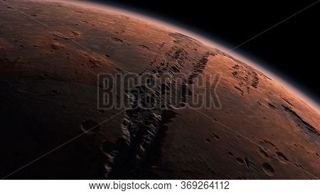 Mars Planet Rotating In The Outer Space.. Orbiting Planet Mars. Traveling To The Red Planet Mars In 