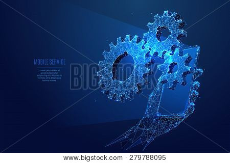 Gearing. Three Gears On Smartphone Screen In A Hand. Vector Low Poly Wireframe In The Form Of Starry