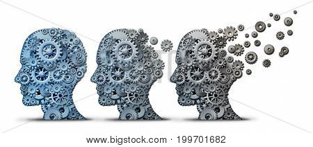 Alzheimer dementia brain disease as a memory loss and mental transforming neurology or mind mental health concept as a human head made of gears and machine cog wheels degrading and aging as a 3D illustration.