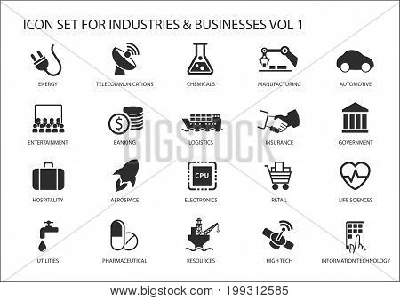 Business icons and symbols of various industries / business sectors like financial services industry, automotive, life sciences, resources industry, entertainment industry and high tech